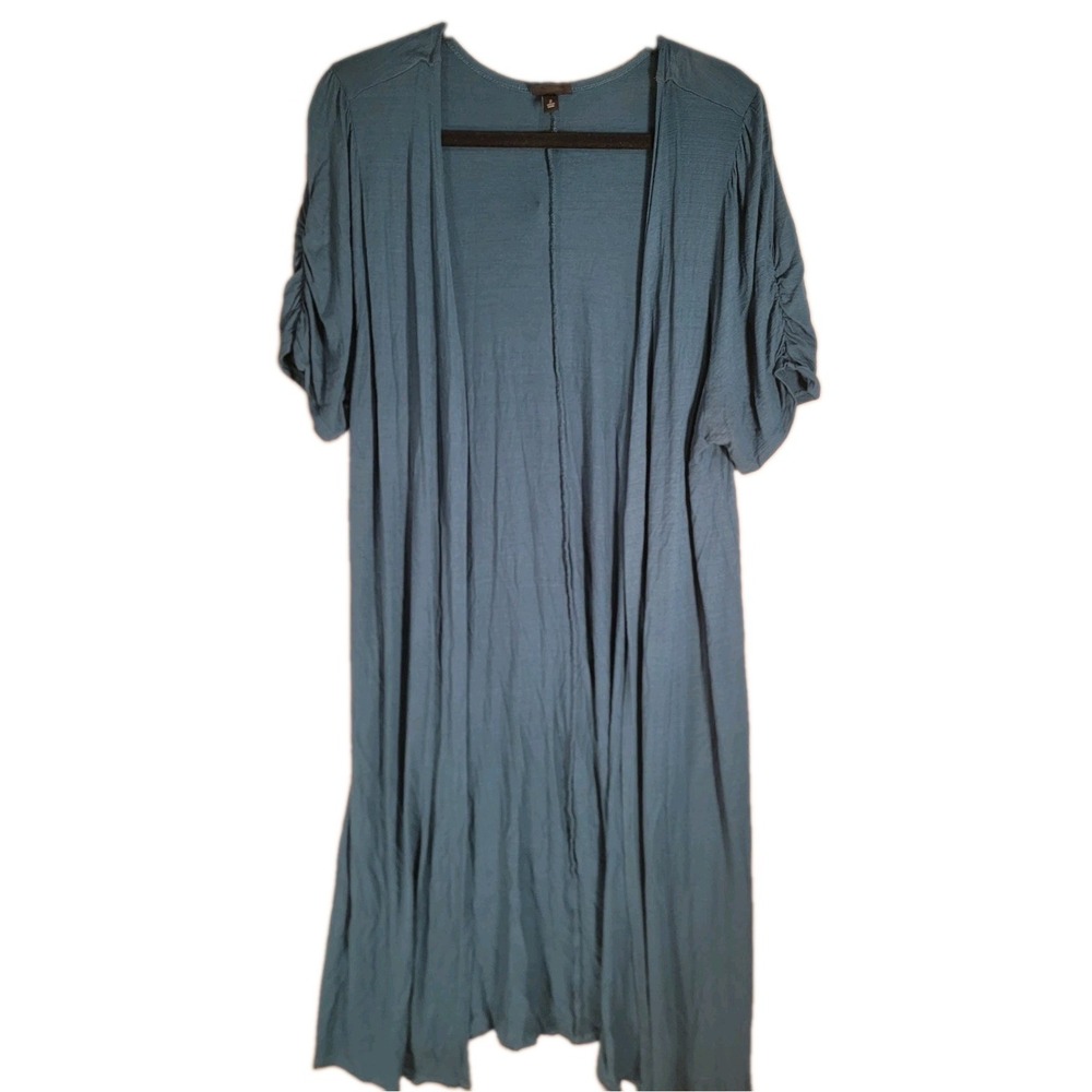 Torrid Cardigan Womens Plus 2 2X Teal Duster Ruched Sleeve Lagenlook Boho Long